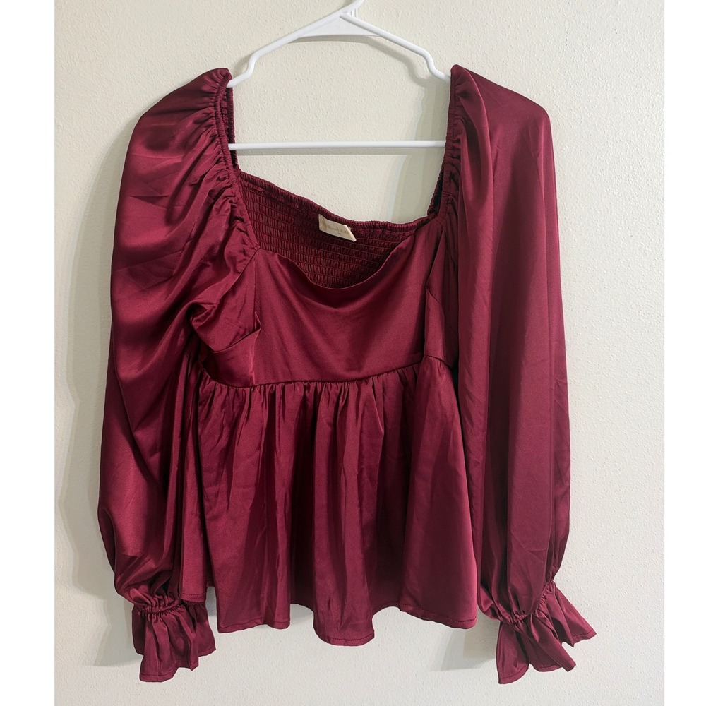Altar'd State Burgundy Satin Peplum Top Square Neck Smocked Back Size Medium NEW